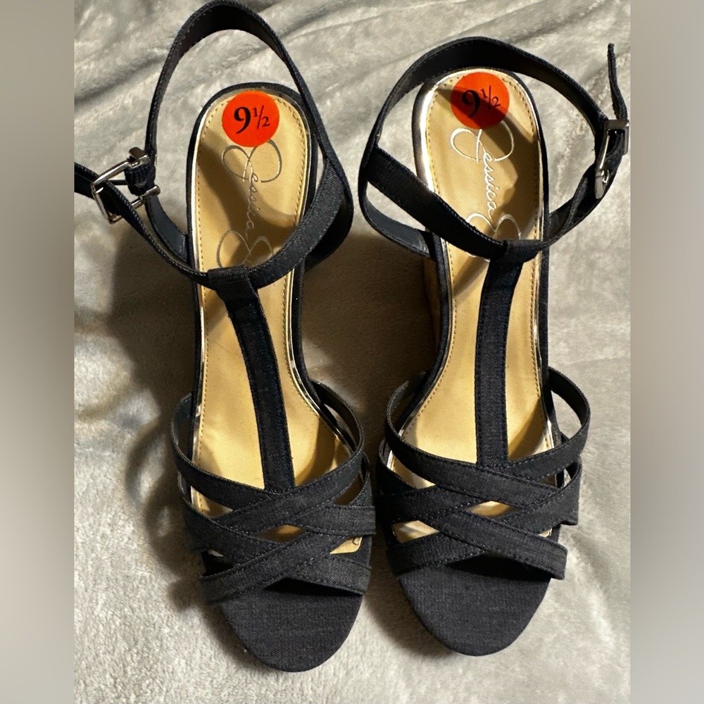 NEW Jessica Simpson Denim T strap Wedge Heels 9.5